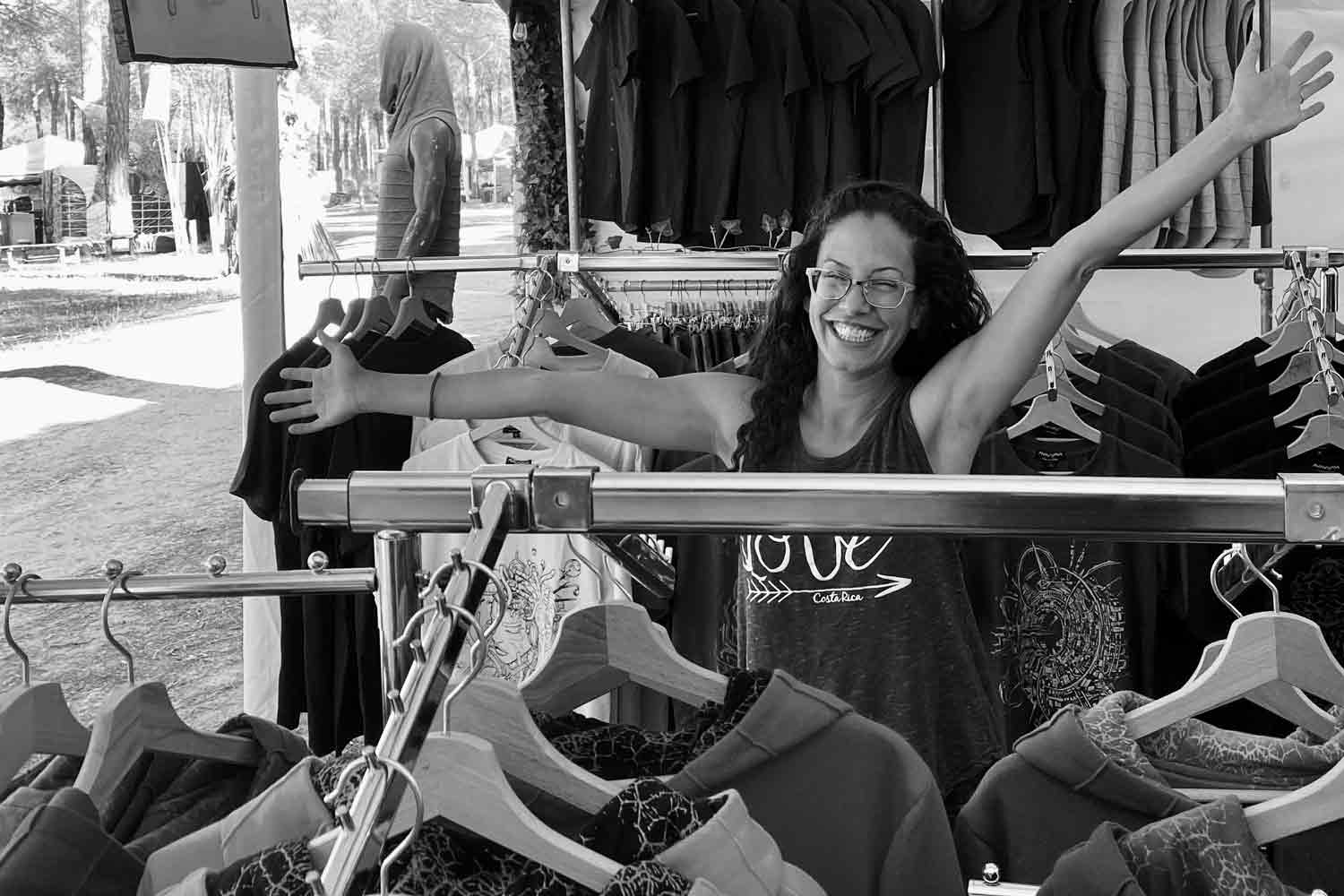 Visit Avanyah's clothing stand at music events, offering a unique selection of art wear ideal for festival-goers and party people.