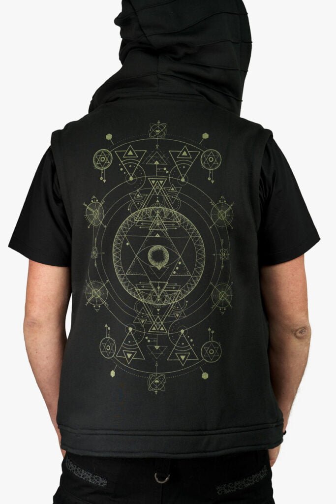 hooded-tan-thora-vest-for-men-in-black-handmade-screen-print-alternative-streetwear-avanyah-clothing