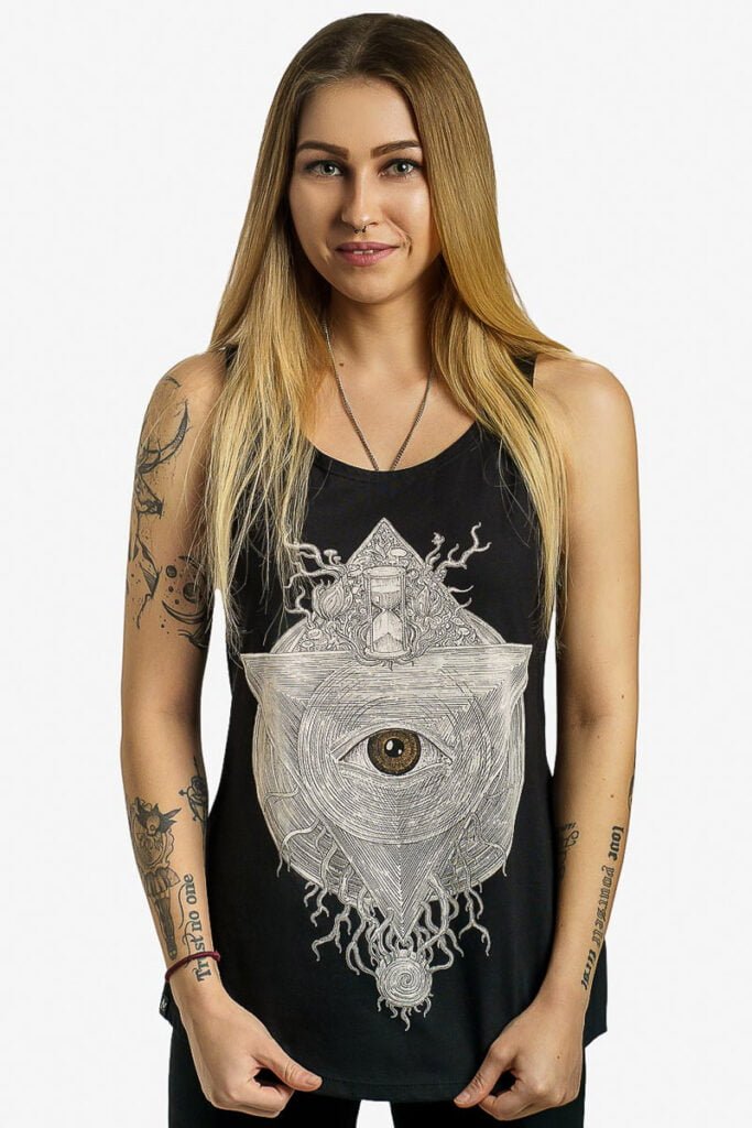 Exclusive art wear collection black tank top for women by Avanyah, adorned with the breathtaking Spiral of Time design by Timur Khabirov