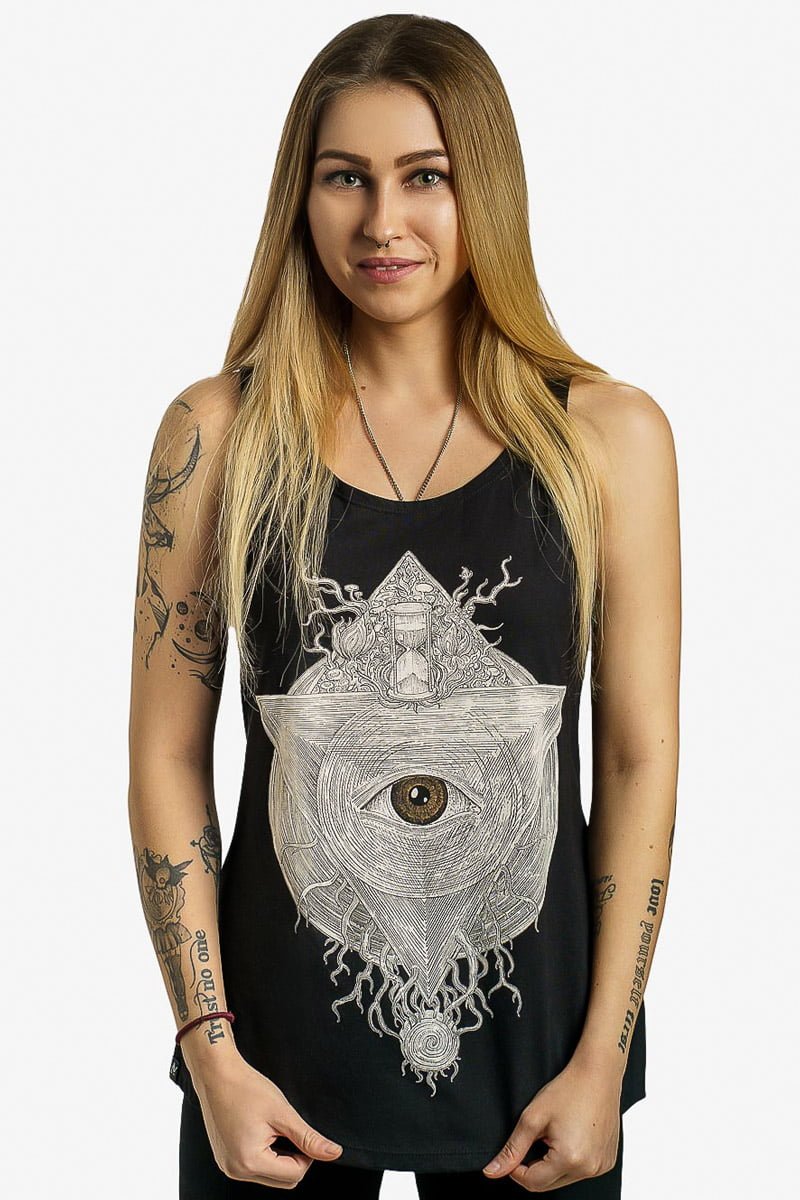 Exclusive art wear collection black tank top for women by Avanyah, adorned with the breathtaking Spiral of Time design by Timur Khabirov
