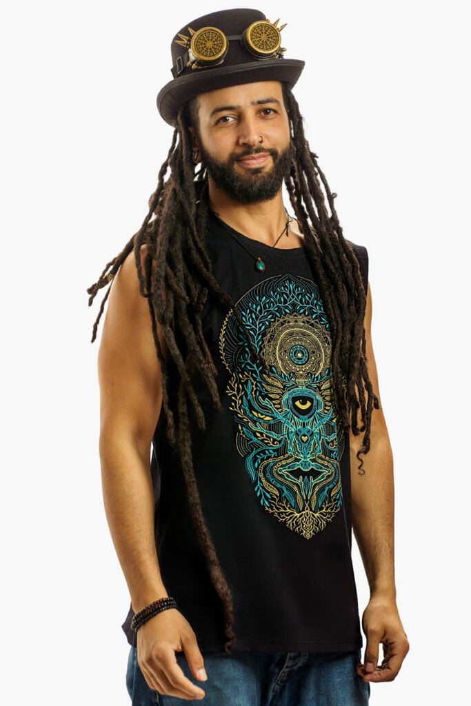Avanyah's black Traveller tank top for men, combining art wear with festival fashion through a striking screen print on 100% premium cotton, embodying the spirit of alternative style.
