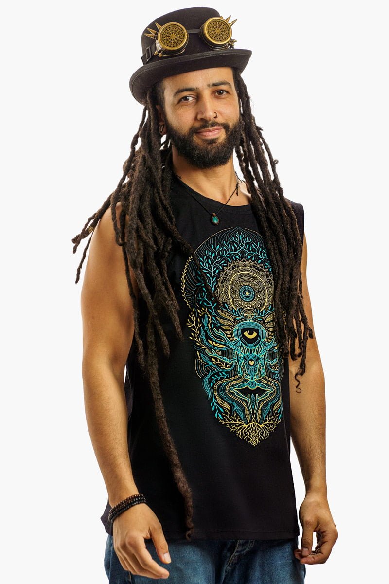 Avanyah's black Traveller tank top for men, combining art wear with festival fashion through a striking screen print on 100% premium cotton, embodying the spirit of alternative style.