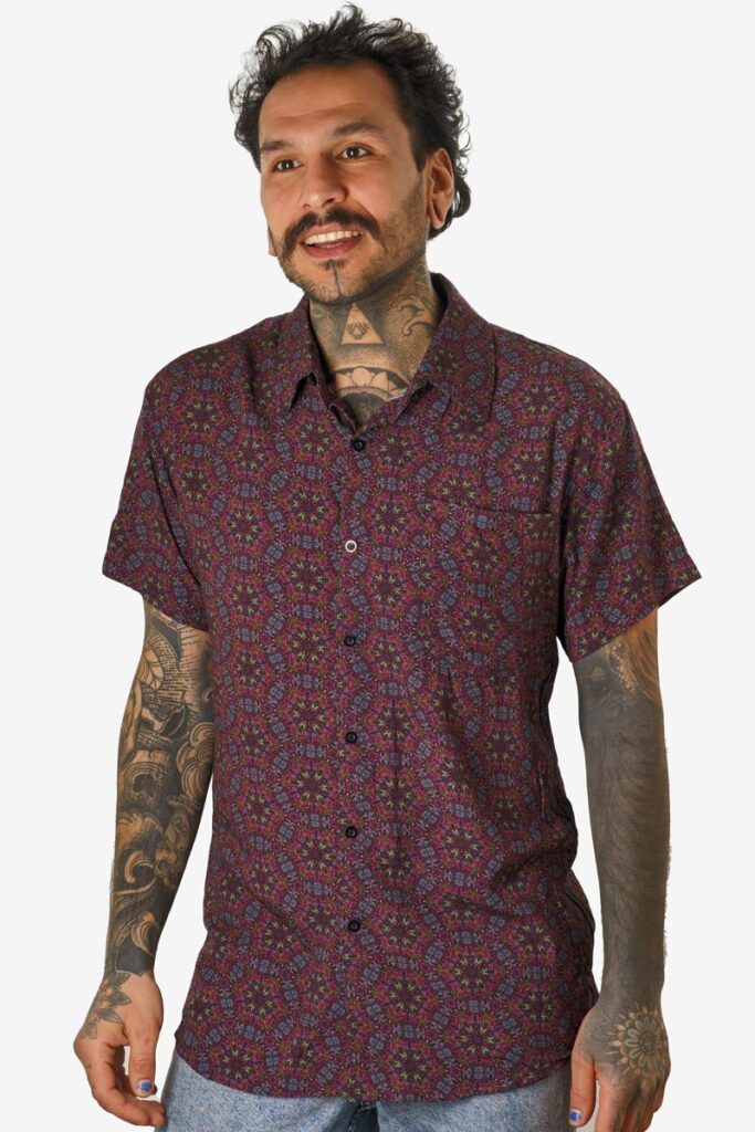 Psi-Fy button-up shirt for men made of premium lightwinded rayon fabric with digital printed artwork by Januz Art, available at Avanyah Clothing online store.