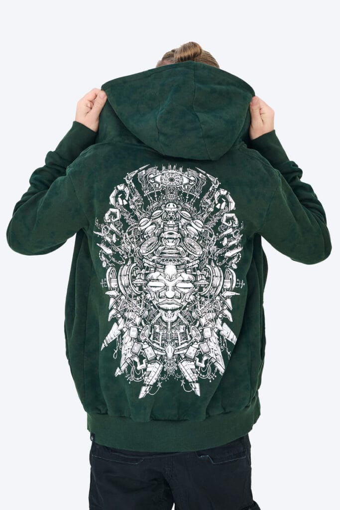 Pareidolia green tie-dye hoodie by Avanyah, featuring Januz Art's original art print, perfect for alternative fashion and festival clothing for men and women