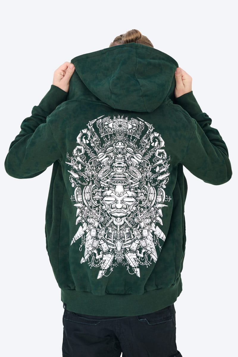 Pareidolia green tie-dye hoodie by Avanyah, featuring Januz Art's original art print, perfect for alternative fashion and festival clothing for men and women