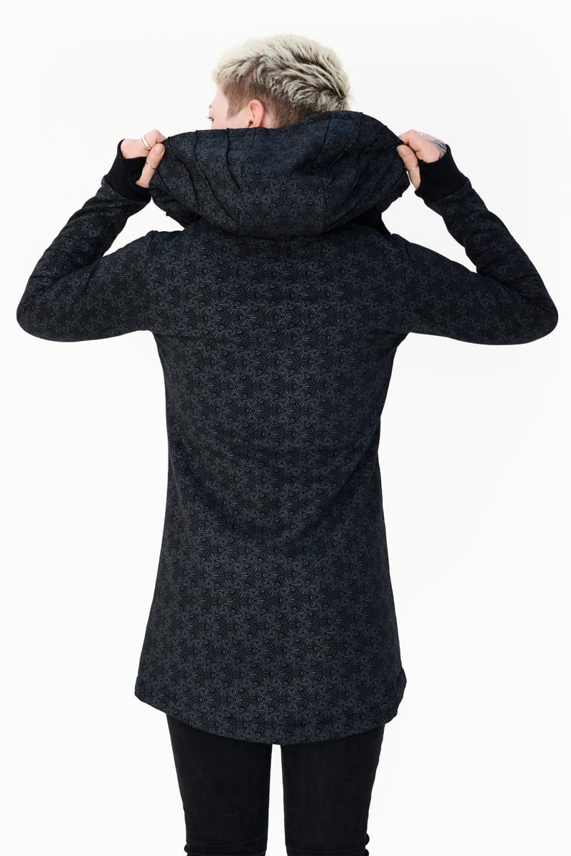 Avanyah's black Impulse hooded jacket with eye-catching art print is perfect for men and women looking for unique festival fashion and wearable art.
