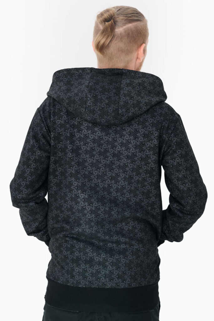 Impulse hoodie in black with Mantis Vision artwork, featuring a striking pattern screen print, available at Avanyah for men and women’s alternative fashion and festival clothing.