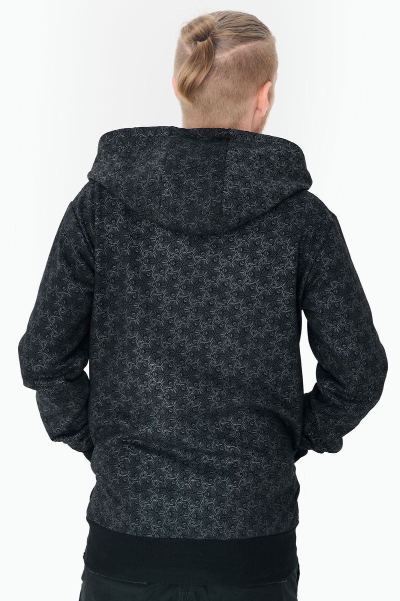Impulse hoodie in black with Mantis Vision artwork, featuring a striking pattern screen print, available at Avanyah for men and women’s alternative fashion and festival clothing.