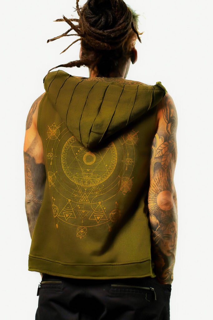 Explore Avanyah Clothing for the green Tan Thora vest for men, showcasing exclusive handmade silk screen art, perfect for festival goers and lovers of alternative streetwear.